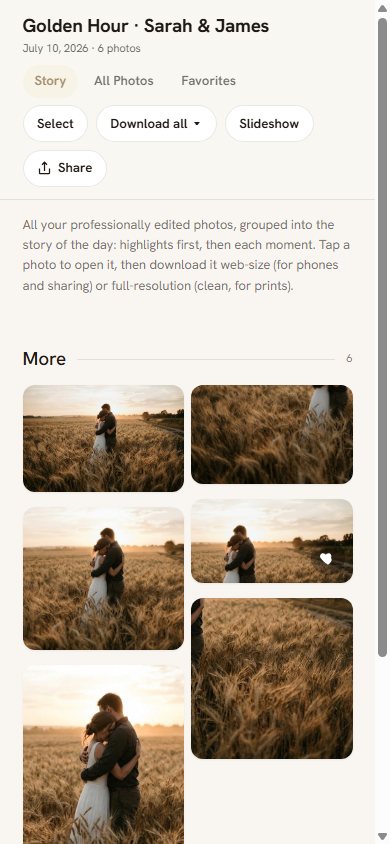 The same gallery on a phone — photo grid with favorites and downloads