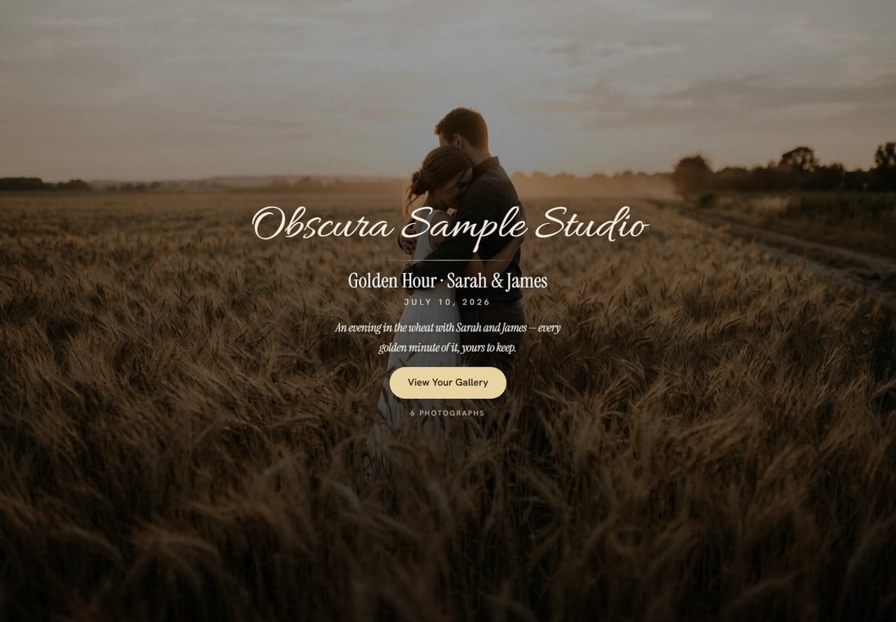A delivered client gallery cover: studio name, session title and welcome note over the hero photograph