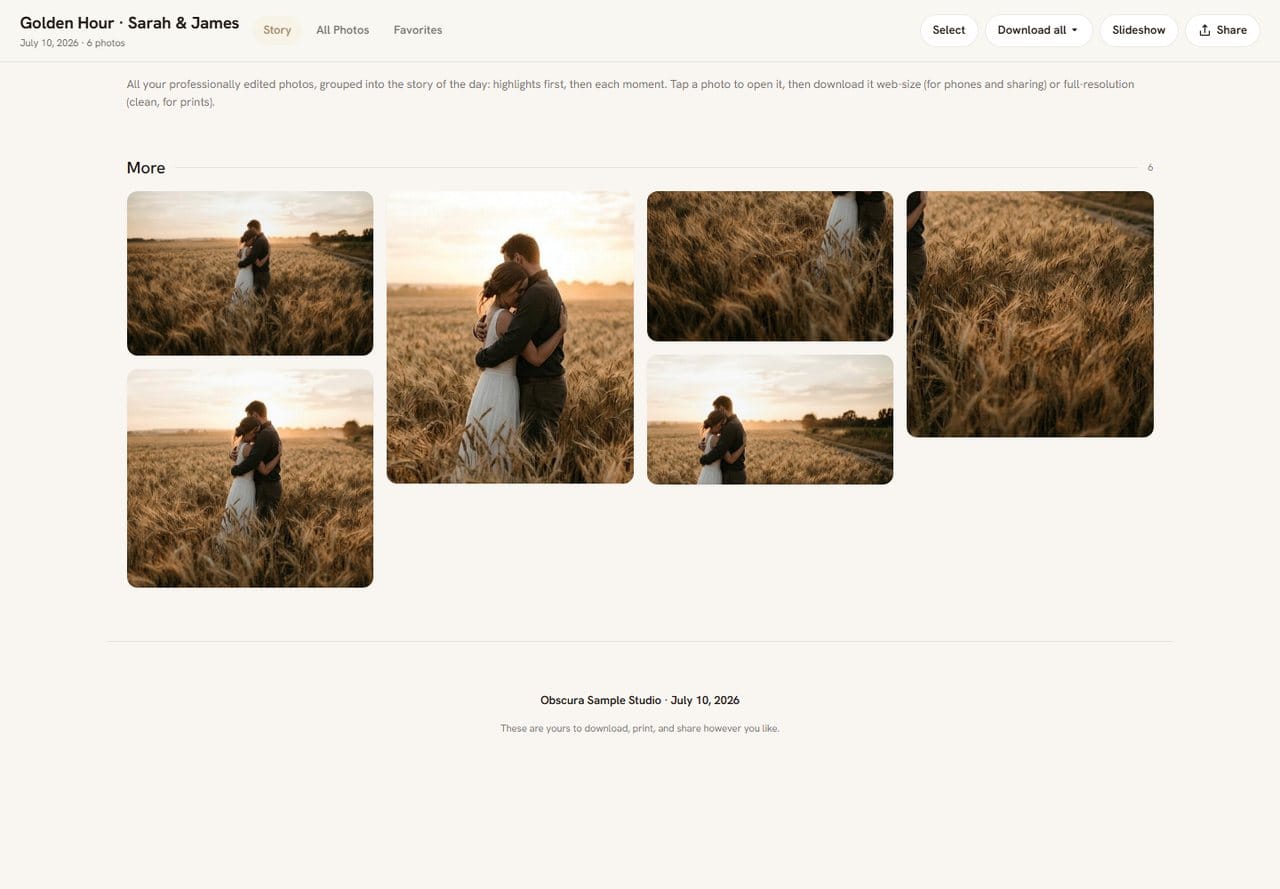 Inside the gallery: the story view groups the session into sections with favorites and downloads