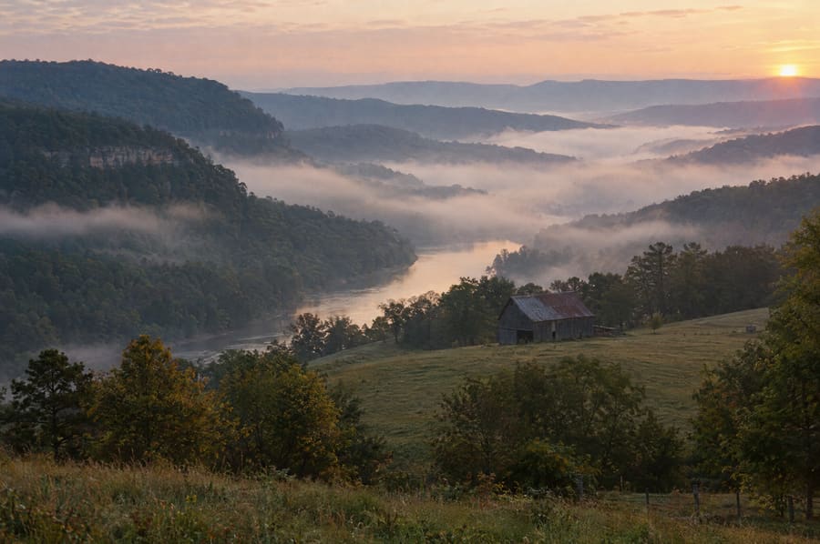 Morning fog in a river valley below a wooded ridge, a weathered barn on the hillside